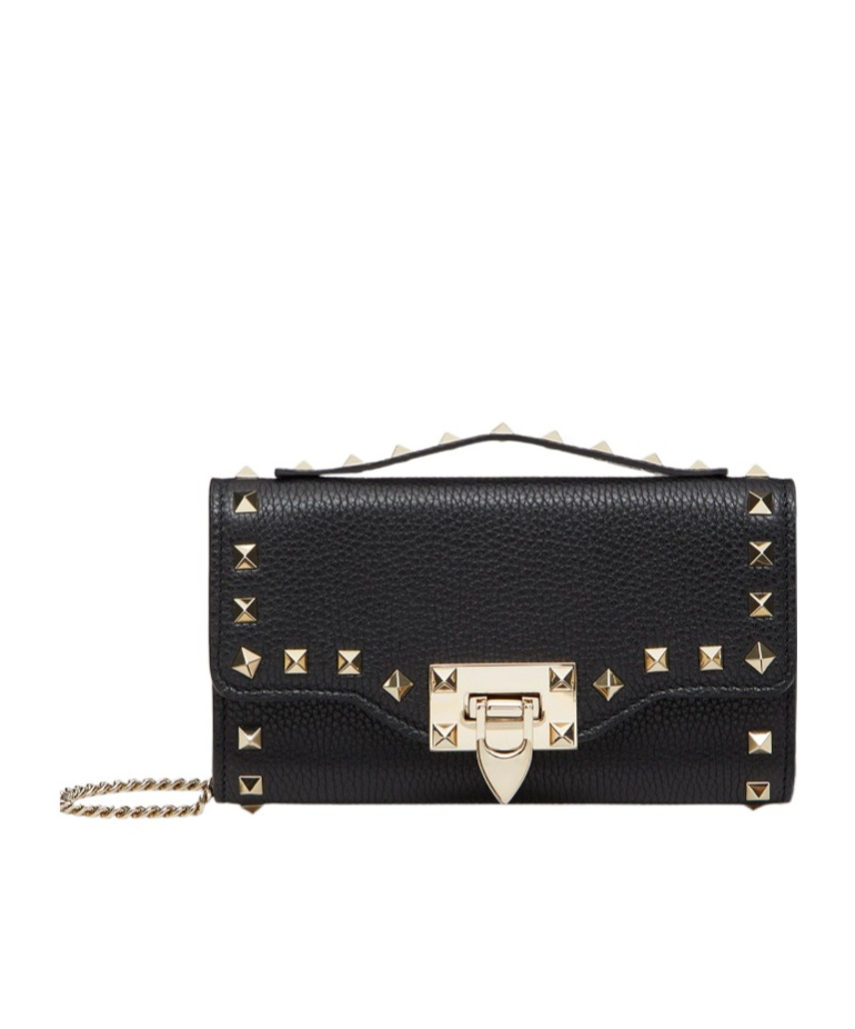 Valentino Garavani Rockstud Grainy Calfskin Wallet With Chain Strap Woman Black Uni In Black