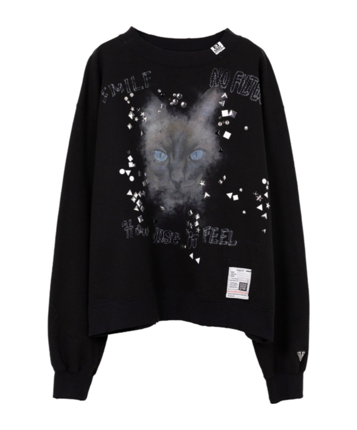 Miharayasuhiro Black Cat Printed Embellished Distressed Sweatshirt In Black