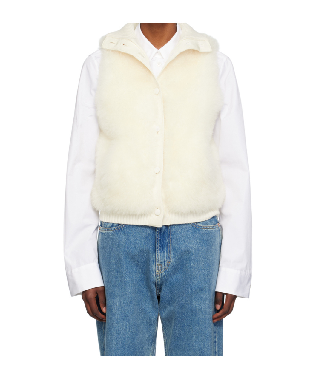 Yves Salomon Lambskin And Fur Vest With Ribbed Collar And Button Closure In White