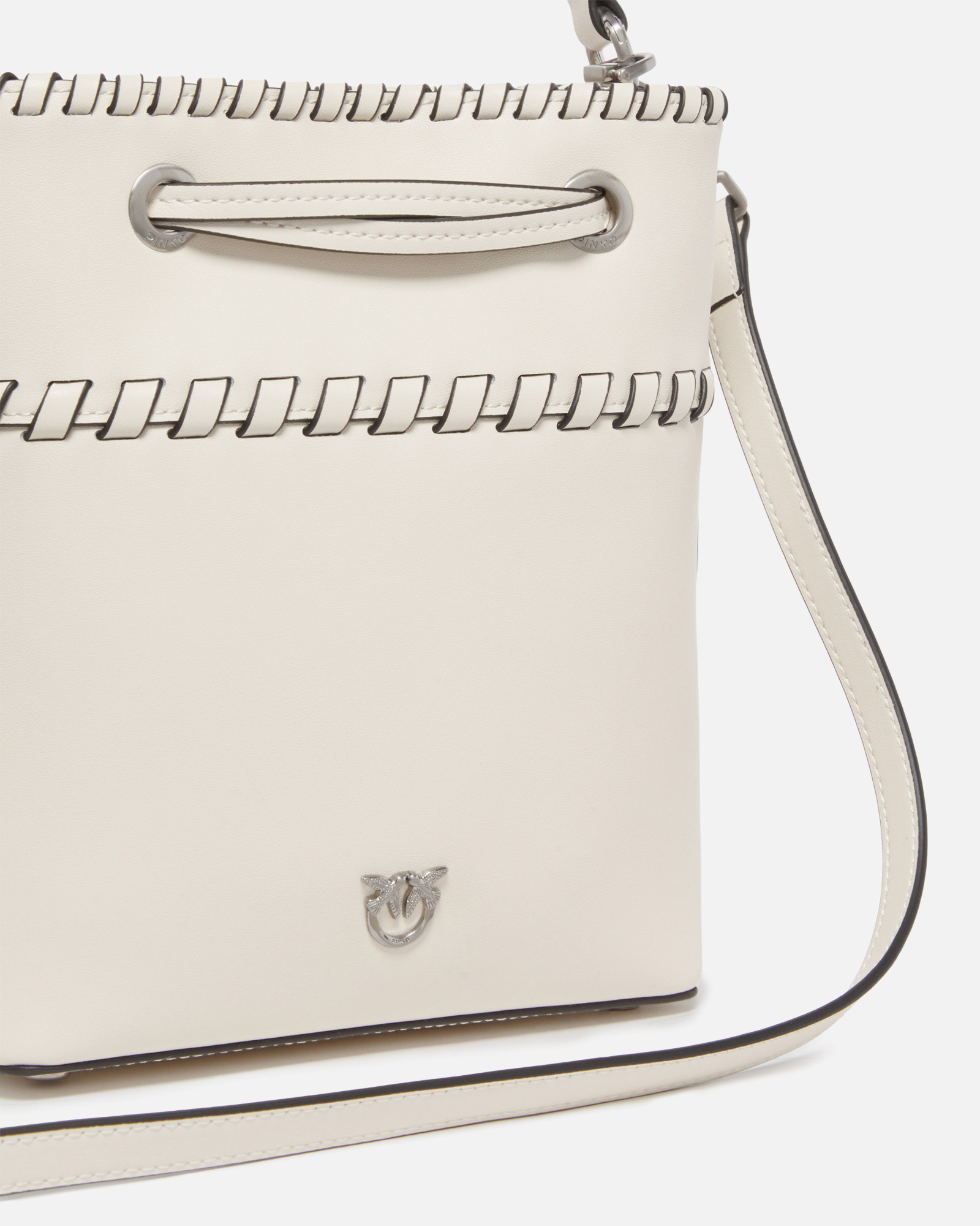 Pinko Small Leather Bucket Bag With Threaded Detailing In White