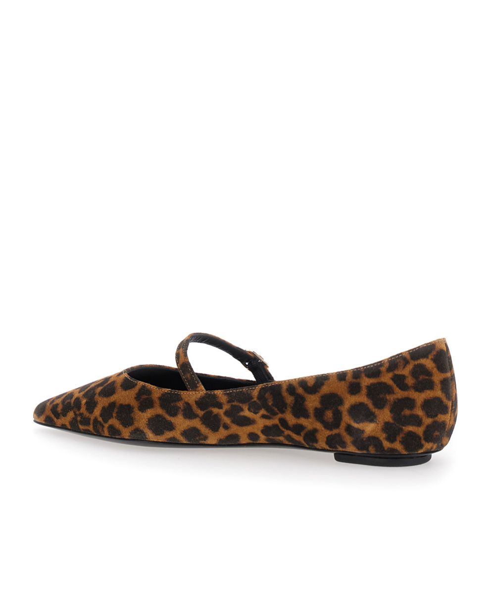 Stuart Weitzman Emilia Brown Ballet Shoes With Adjustable Strap Closure And All-over Leopard Motif In Suede Woman