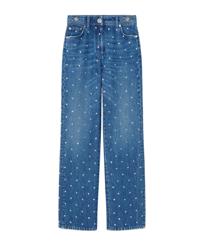 Versace Stud Embellishment Straight-leg Tousers In Blue