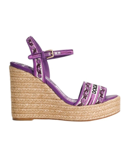 Dolce & Gabbana Violet Wedges With Logo Embroidery On The Front And All-over Majolica Motif In Cotton Blend Woman In Purple