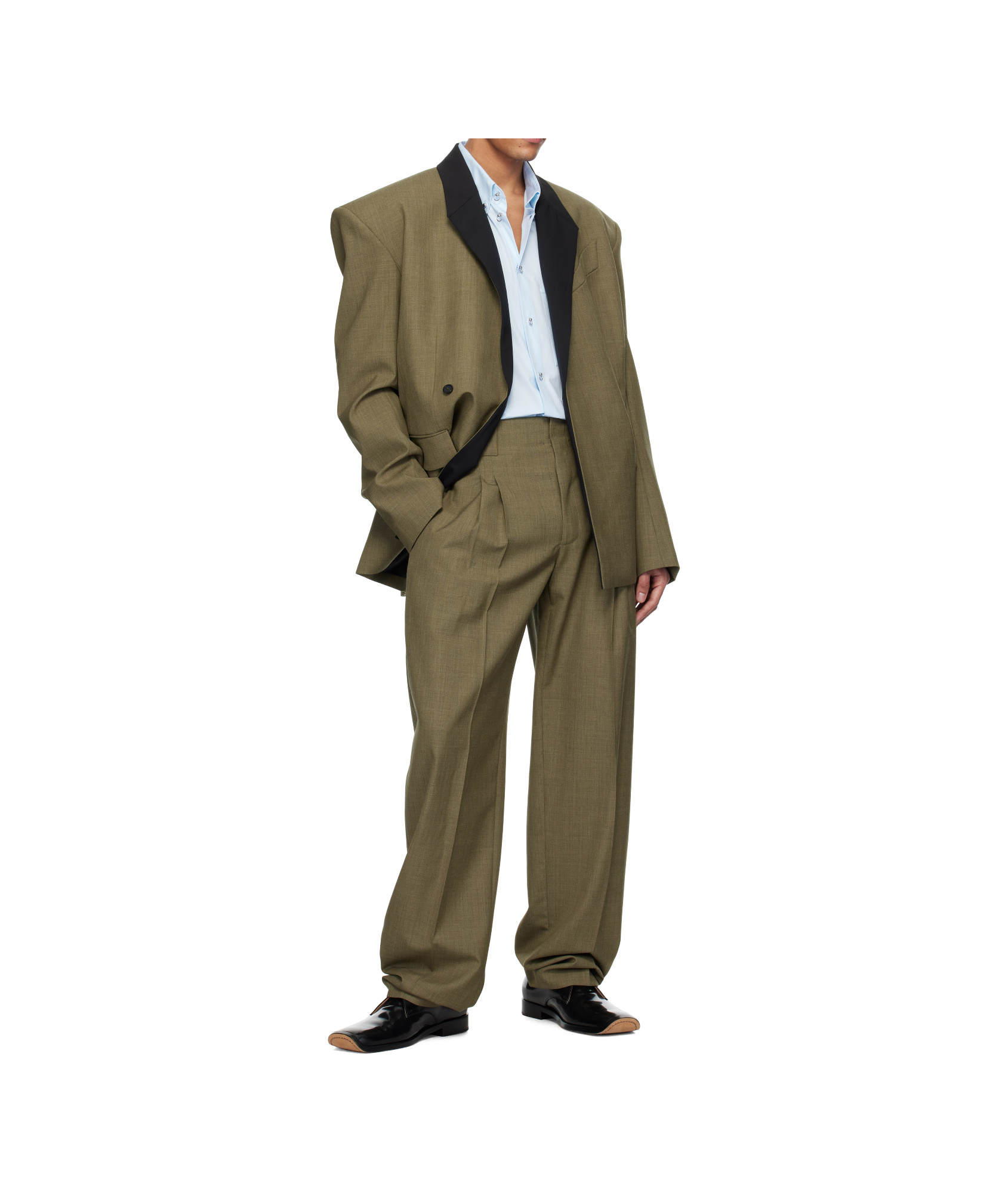 Mugler Khaki Contrasted Collar Tailored Blazer In Green