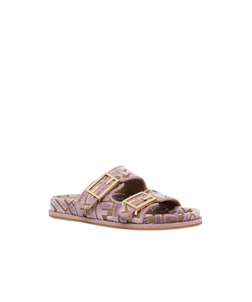 FENDI MAUVE PINK FF JACQUARD VELVET SLIDES