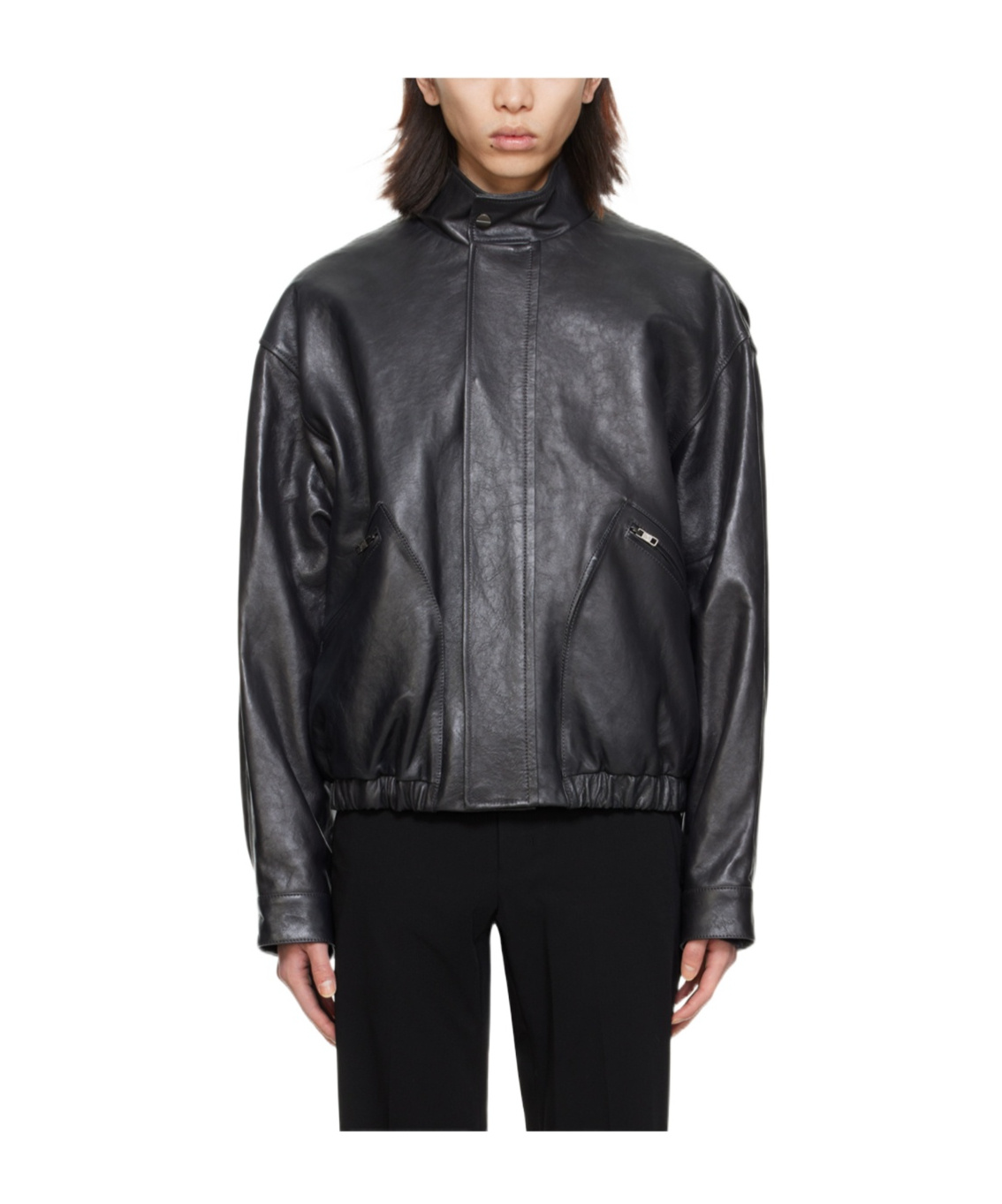Wooyoungmi Standing Collar Leather Jacket In Black