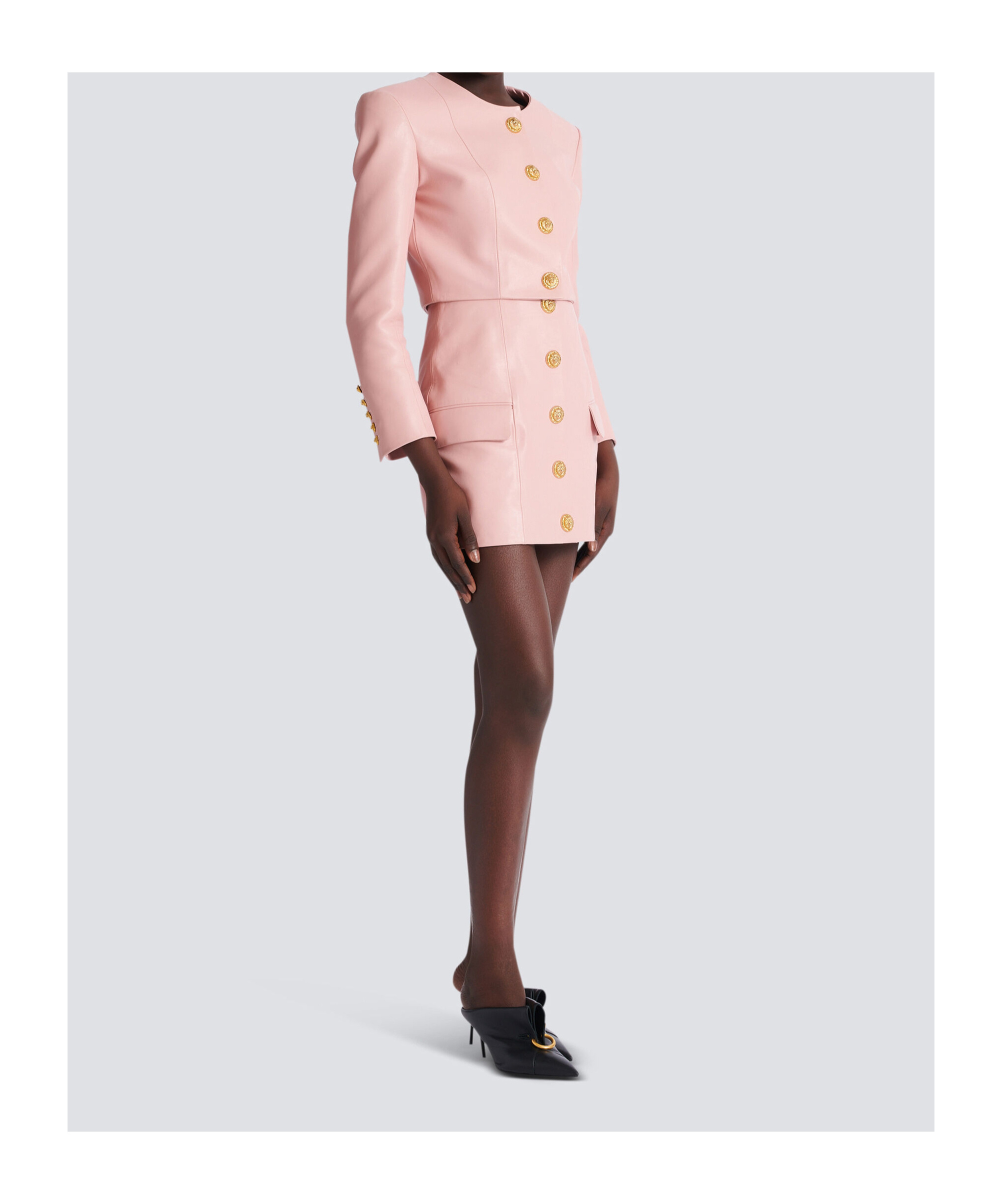 Balmain Long Sleeves Buttoned Lambskin Cropped Jacket In Pink