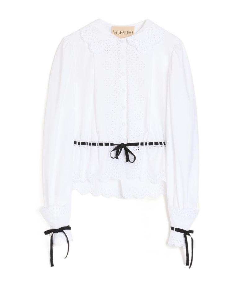 Valentino Sangallo-embroidered Ribbon-detailed Shirt In White