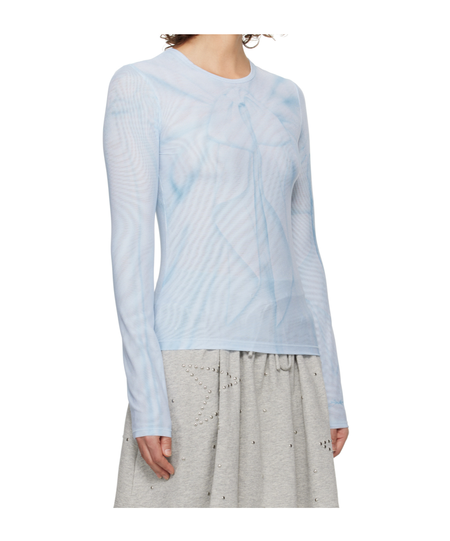 Open Yy Ribbon Print Mesh Long-sleeved T-shirt In Blue