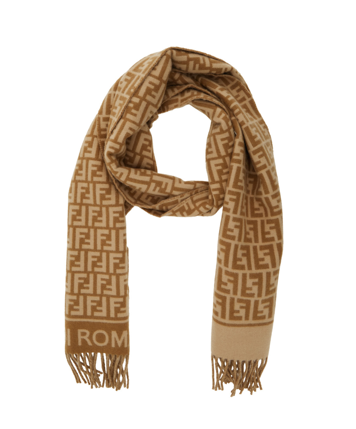 Fendi Women Beige Scarf With Logo Lettering On The Front And All-over Ff Motif In Wool Woman In Brown