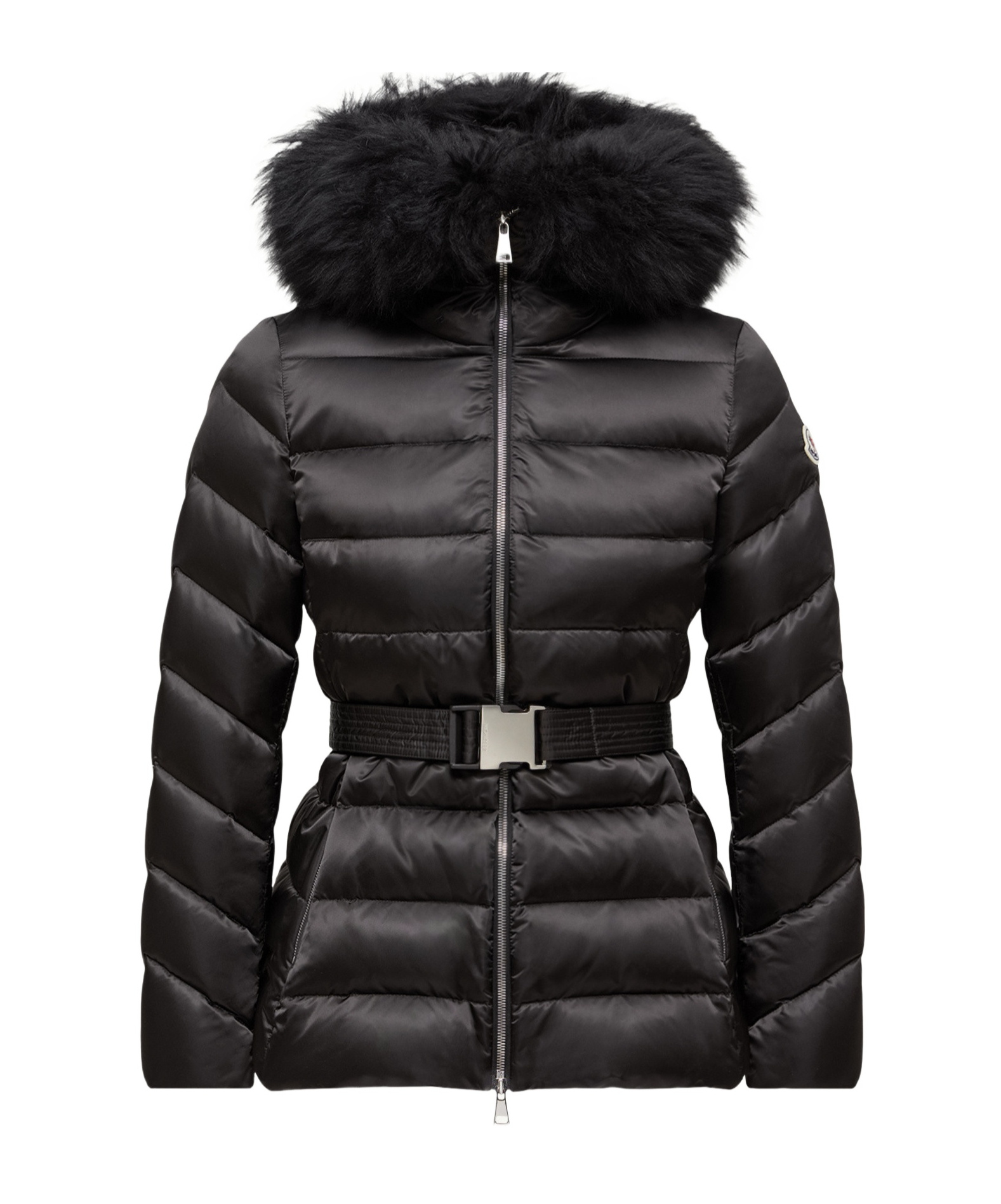 Moncler Cupidone Hooded Shearling-trimmed Short Down Jacket In Black