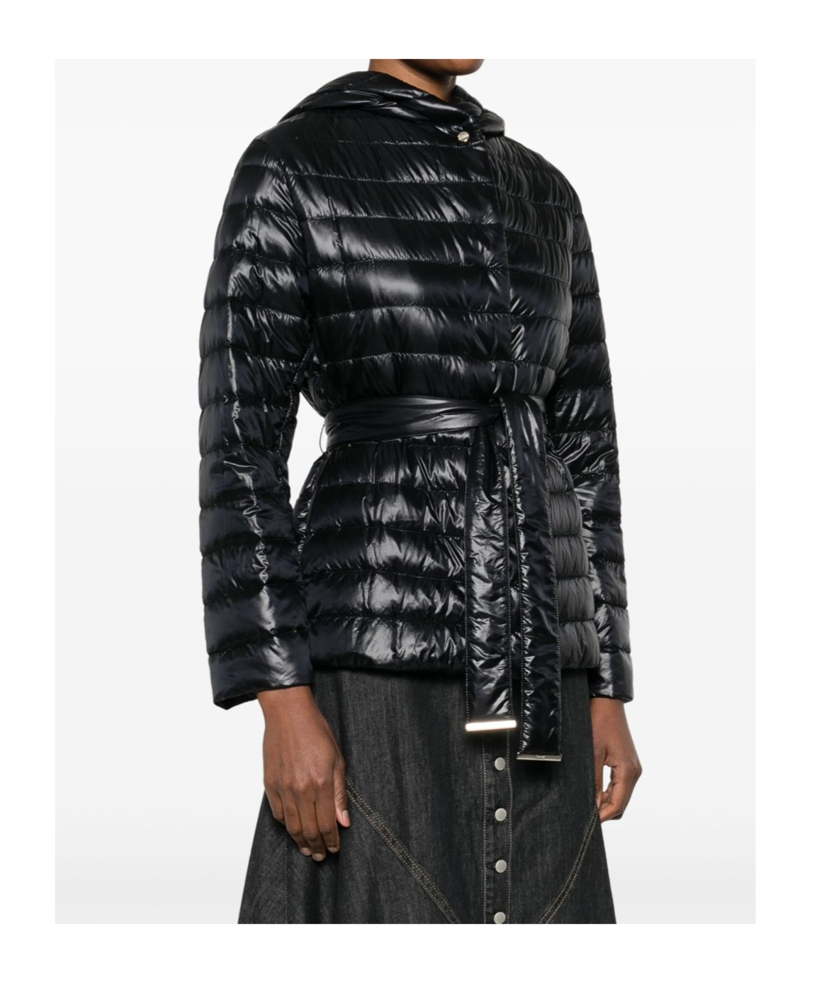 Herno Belted Waist Hooded Long Quilted Shiny Jacket In Black