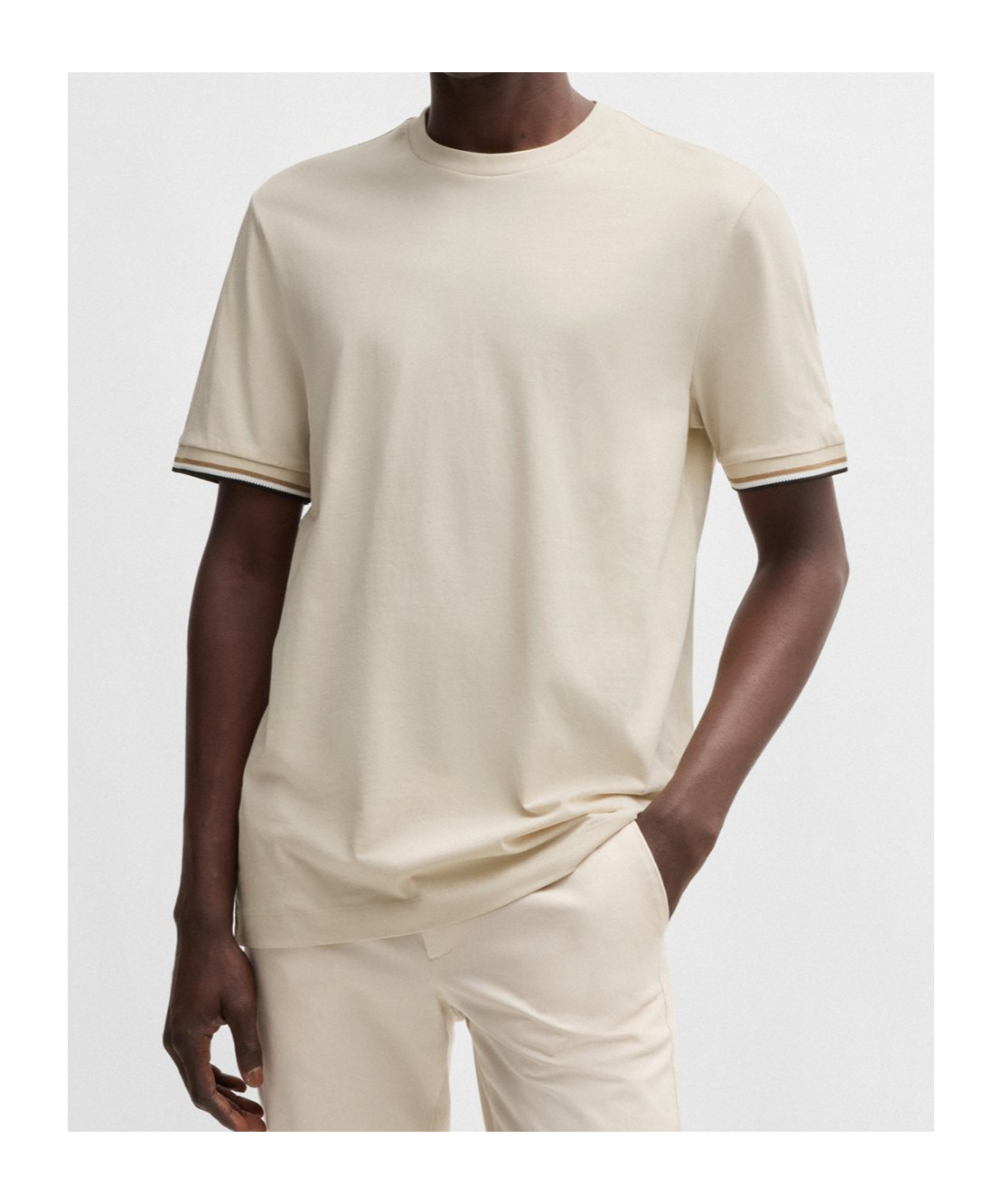 Hugo Boss Cotton-jersey T-shirt With Signature-stripe Cuffs In Nude