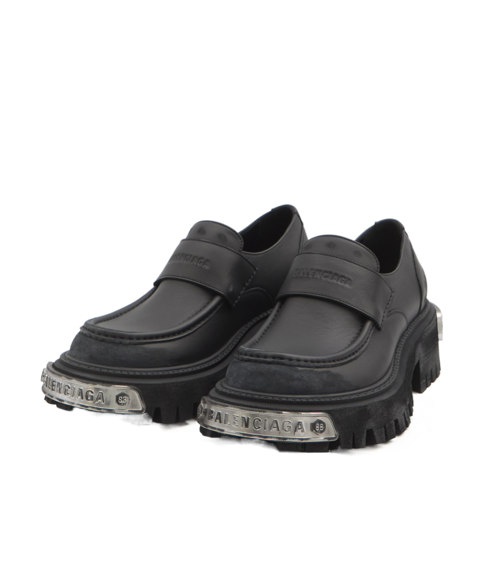 Balenciaga Black Leather Tractor Loafers Men In Blacksilver