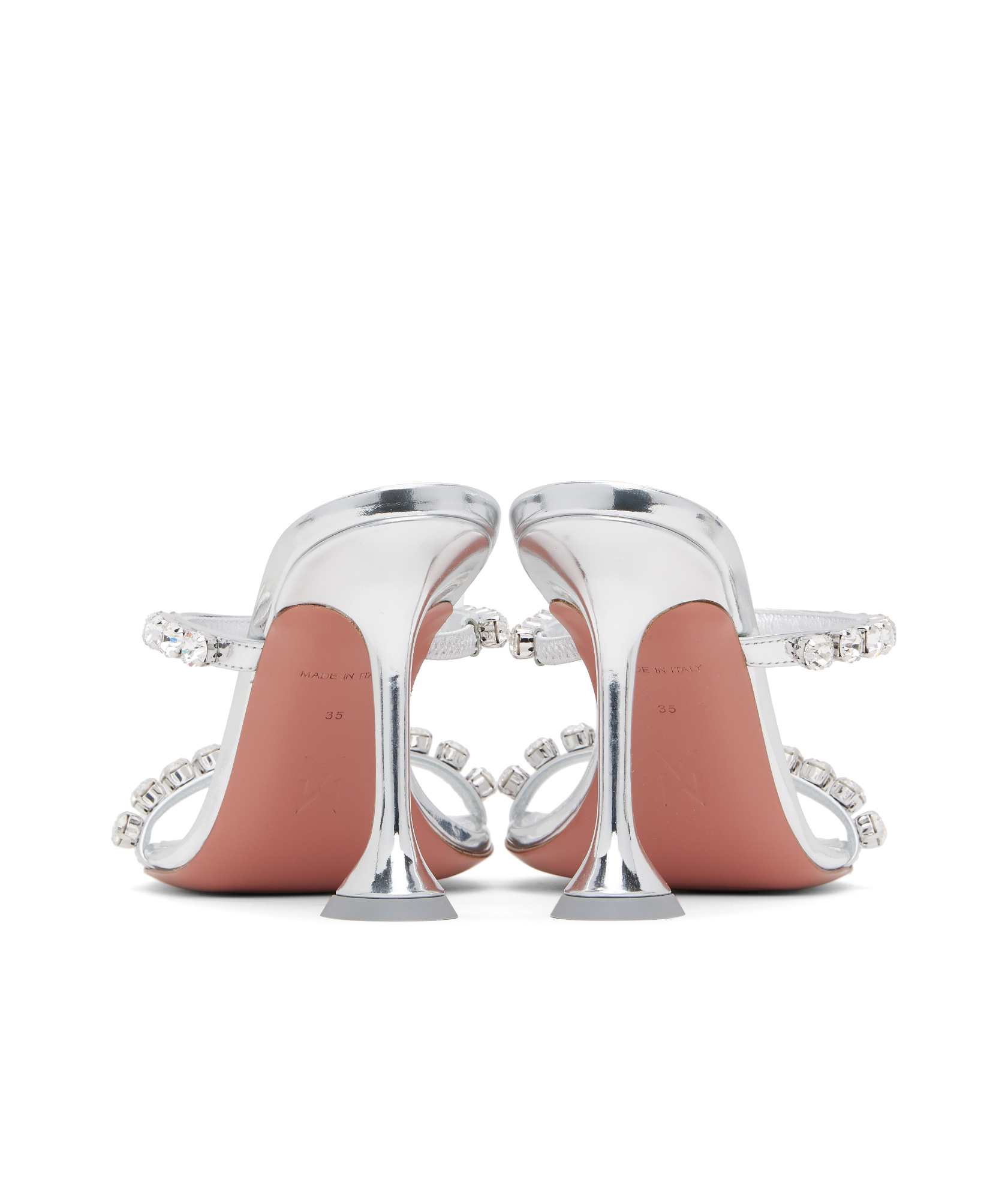 Amina Muaddi Metallic Leather Slippers With Crystal Embellishments In Silver