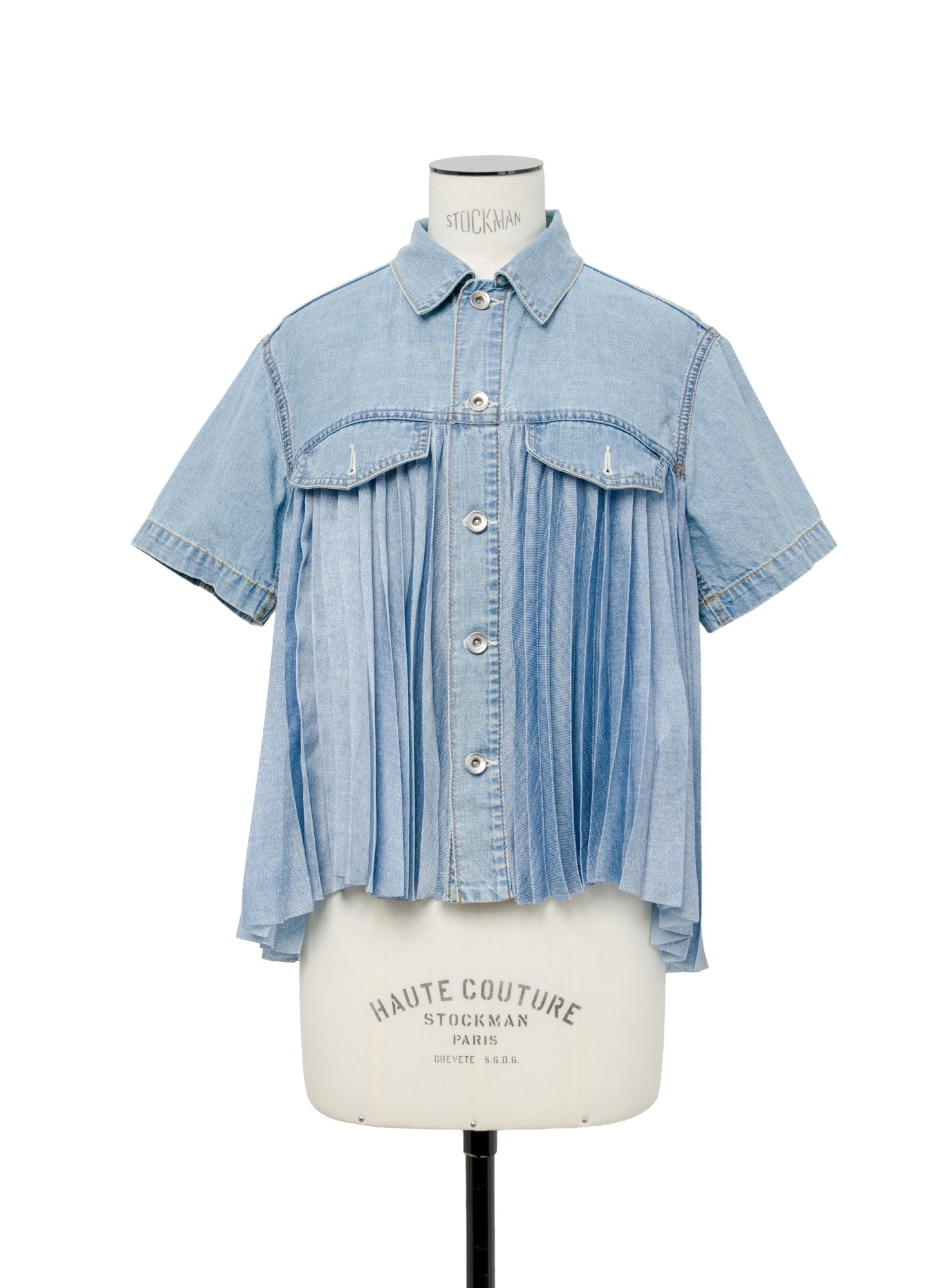 Sacai Pleated Denim Shirt In Blue