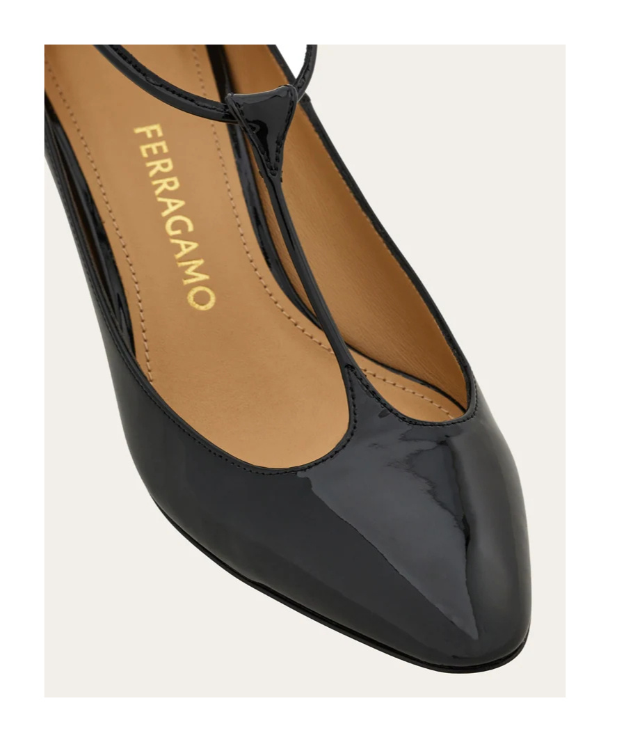 Ferragamo Round Toe T-bar Strap Gold Heel In Black