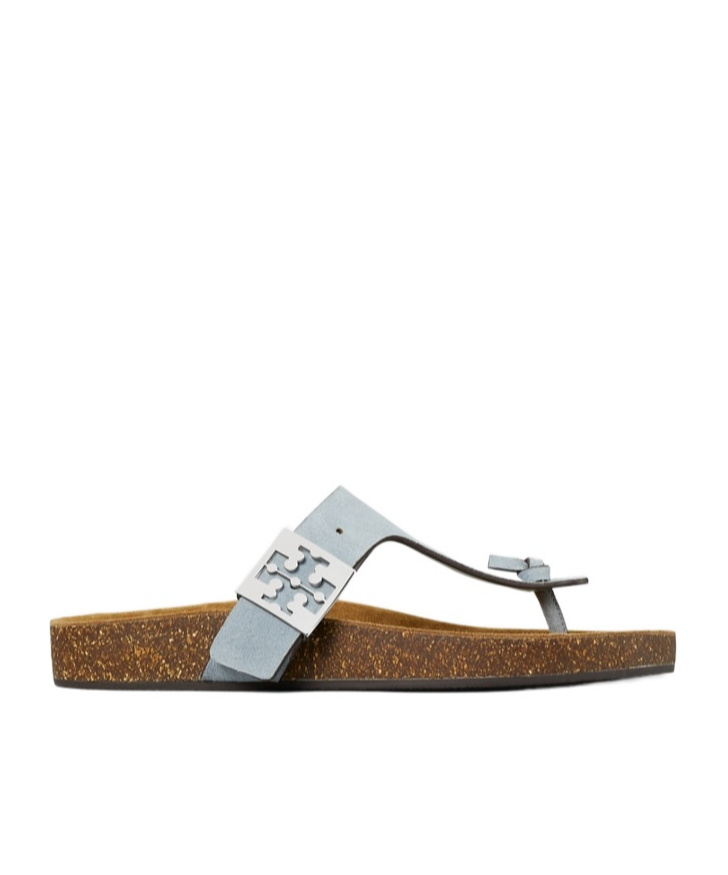 Tory Burch Mellow Leather Buckle Thong Sandals In Gray