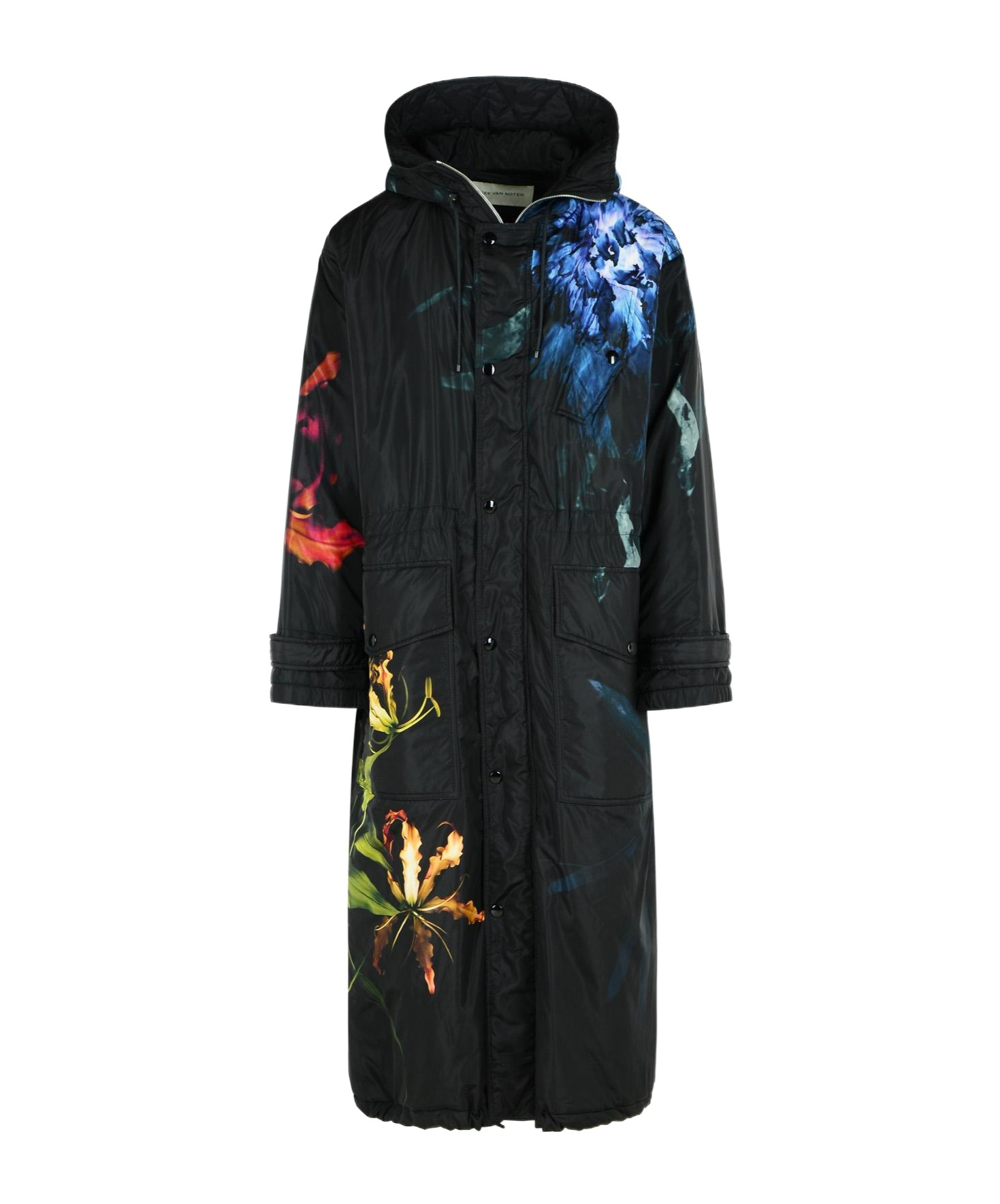 Dries Van Noten Long Floral Pattern Hood Side Pockets Coat In Black