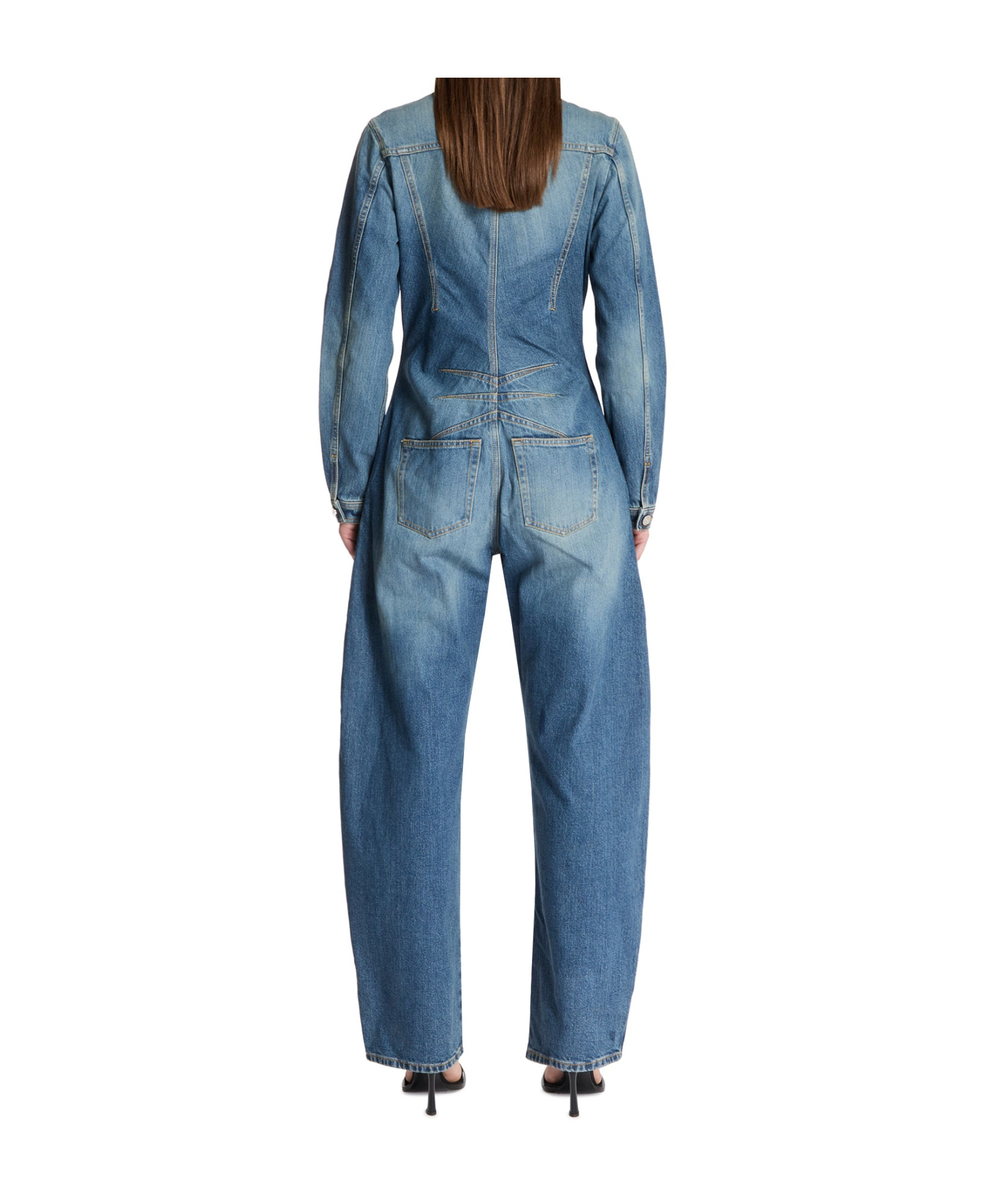 Alaïa Long-sleeve Barrel Wide-leg Denim Jumpsuit In Blue