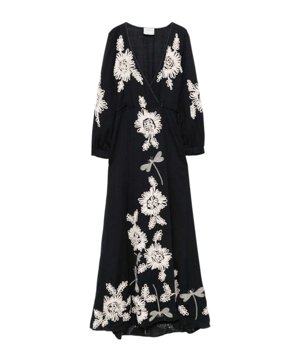 Forte Forte Wrap-style Black Maxi Dress With Floral Embroidery In Blue