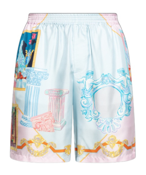Versace Silk Twill Shorts With Vibrant Classical Motifs In Blue