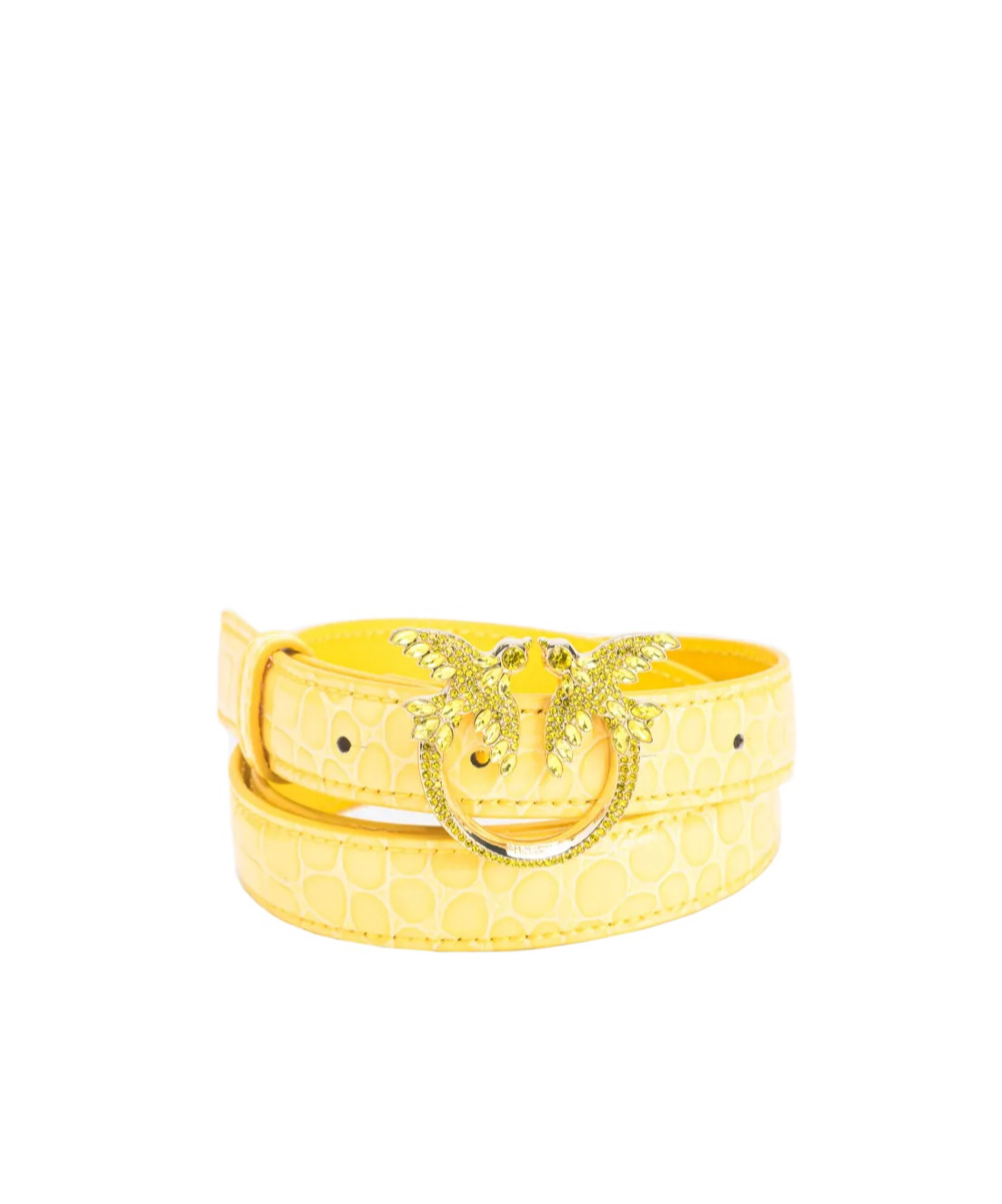 Pinko Galleria Thin 2cm Shiny Coloured Croc-print Belt With Love Birds Buckle In Yellow