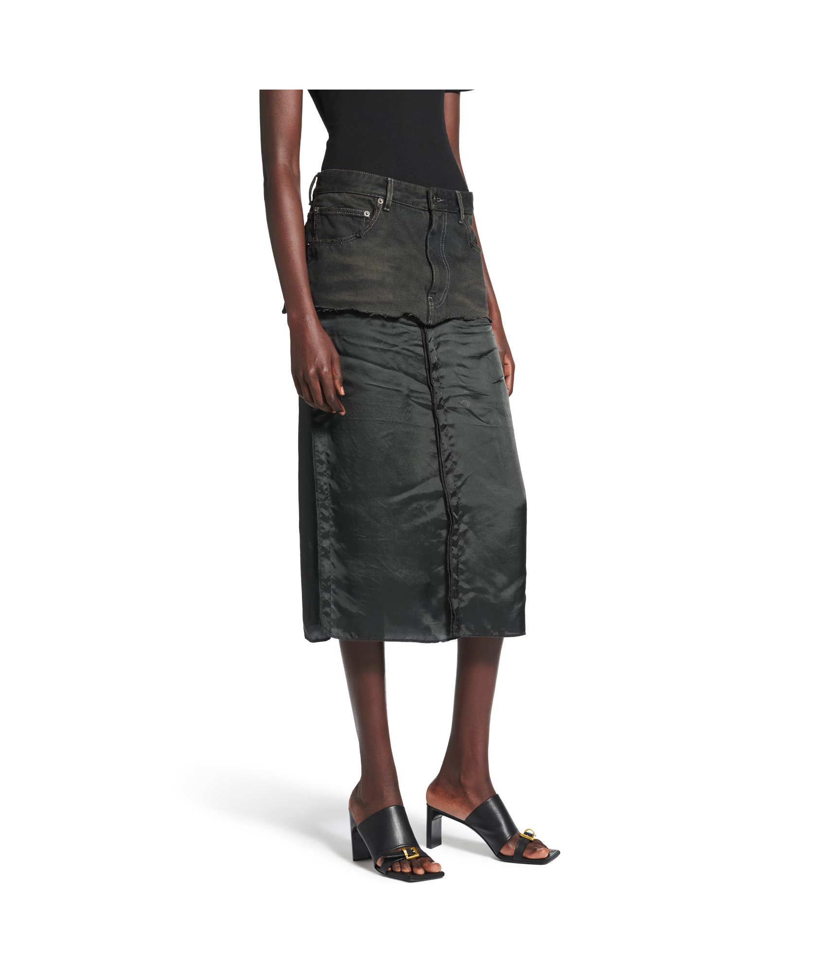 Balenciaga Denim-panel Midi Skirt In Black