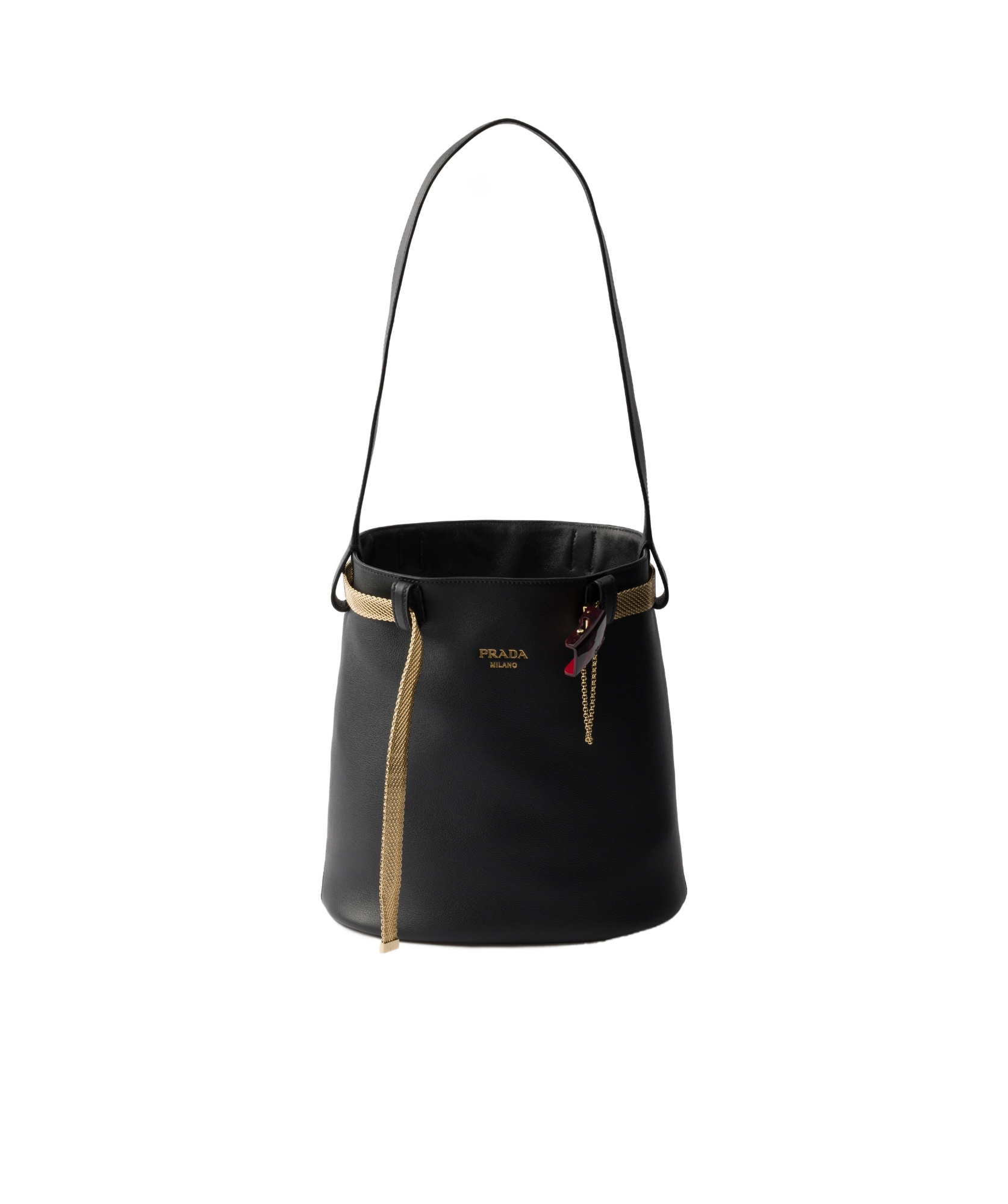 Prada Buckle Leather Bucket Bag With Jeweled Belt In Black