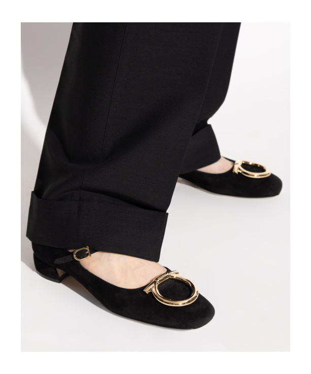 Ferragamo Suede Gancini Heeled Ballerina With Gold Hardware