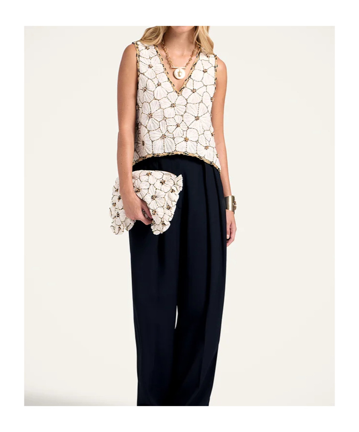 La Doublej Embroidered V Neck Scala Top Crystal Chiffon Embroidery In Multi