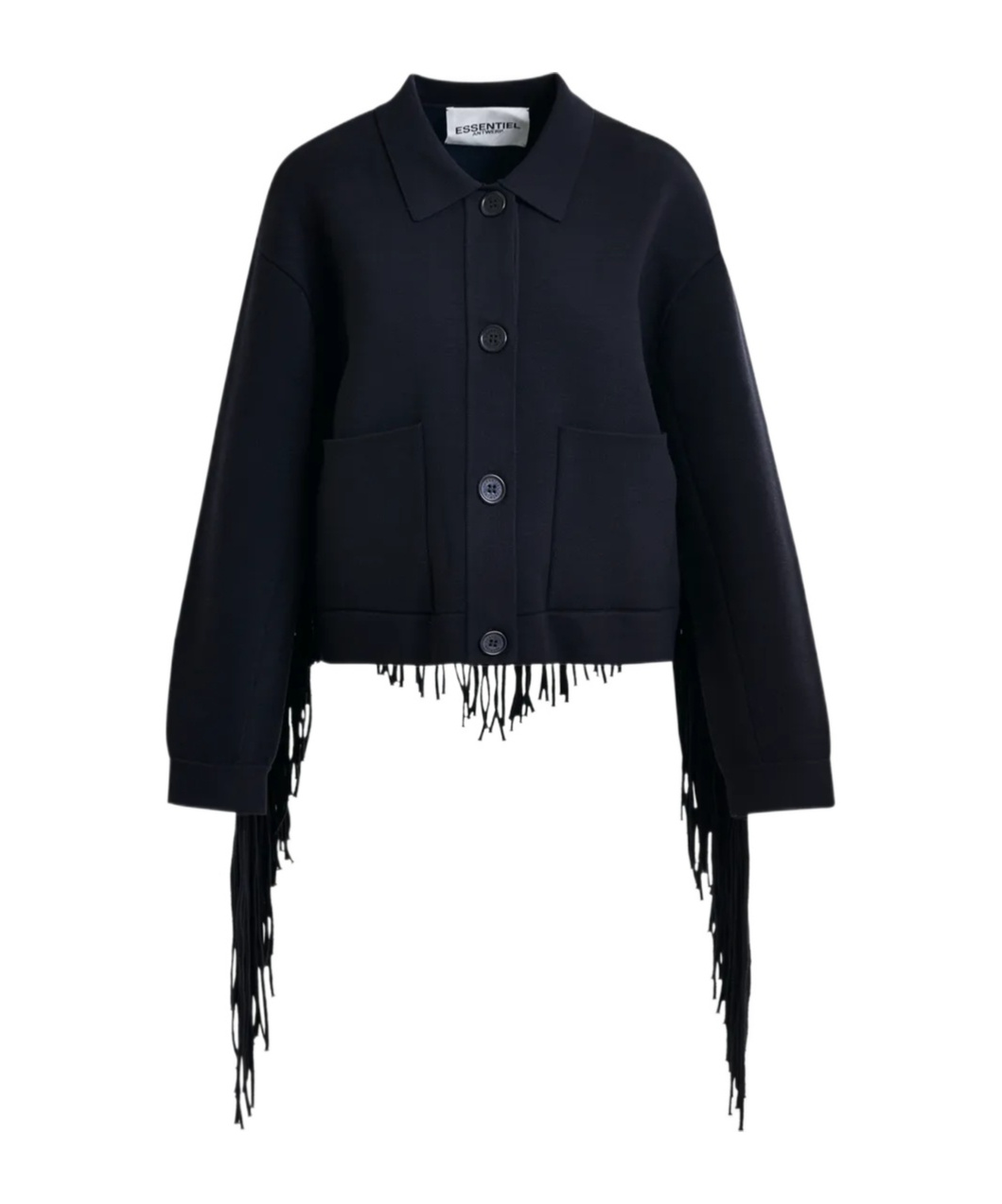 Essentiel Antwerp Navy Cropped Knitted Jacket With Fringe Details In Blue