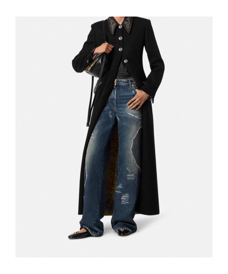 Versace Distressed Patchwork High-rise Wide-leg Jeans In Blue