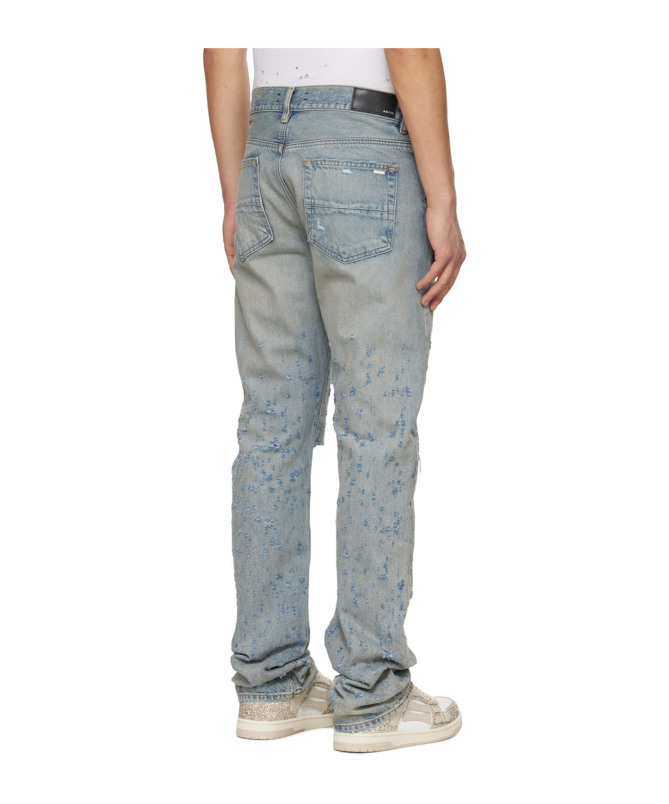 Amiri Light Blue Destroyed Straight Jeans With Cut-out In Cotton Denim Man In Gray