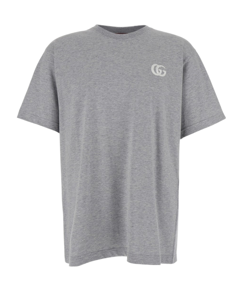 Gucci Grey Crewneck T-shirt With Double G Embroidery On The Front In Fabric Man In Gray