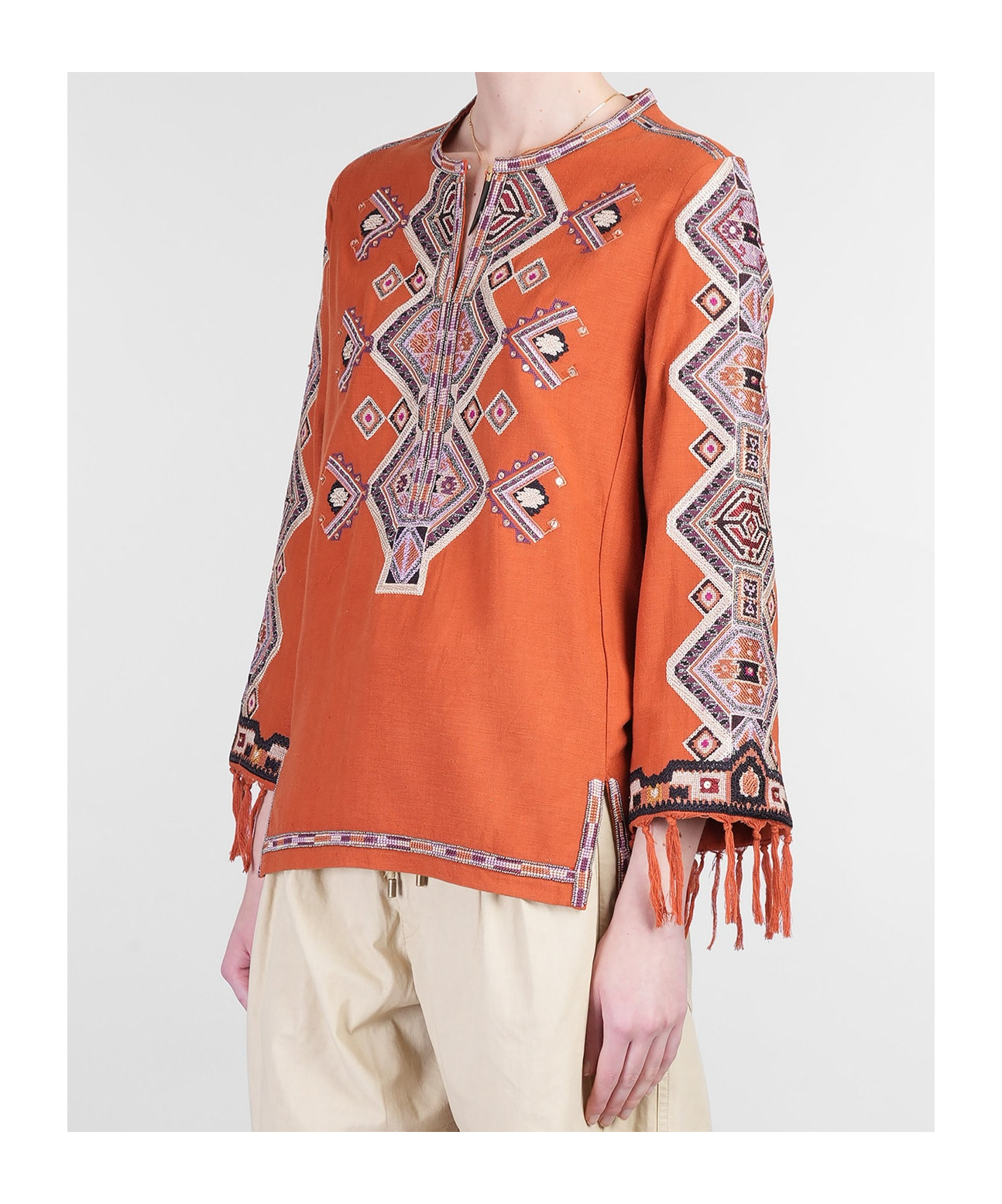 Isabel Marant Silk Blouse Embroidered Geometric Pattern In Orange
