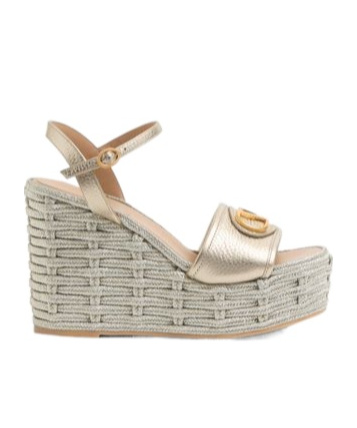 Valentino Garavani Vlogo Signature Wedge Sandal In Laminated Grainy Calfskin 120mm Woman Platinum 42 In Nude