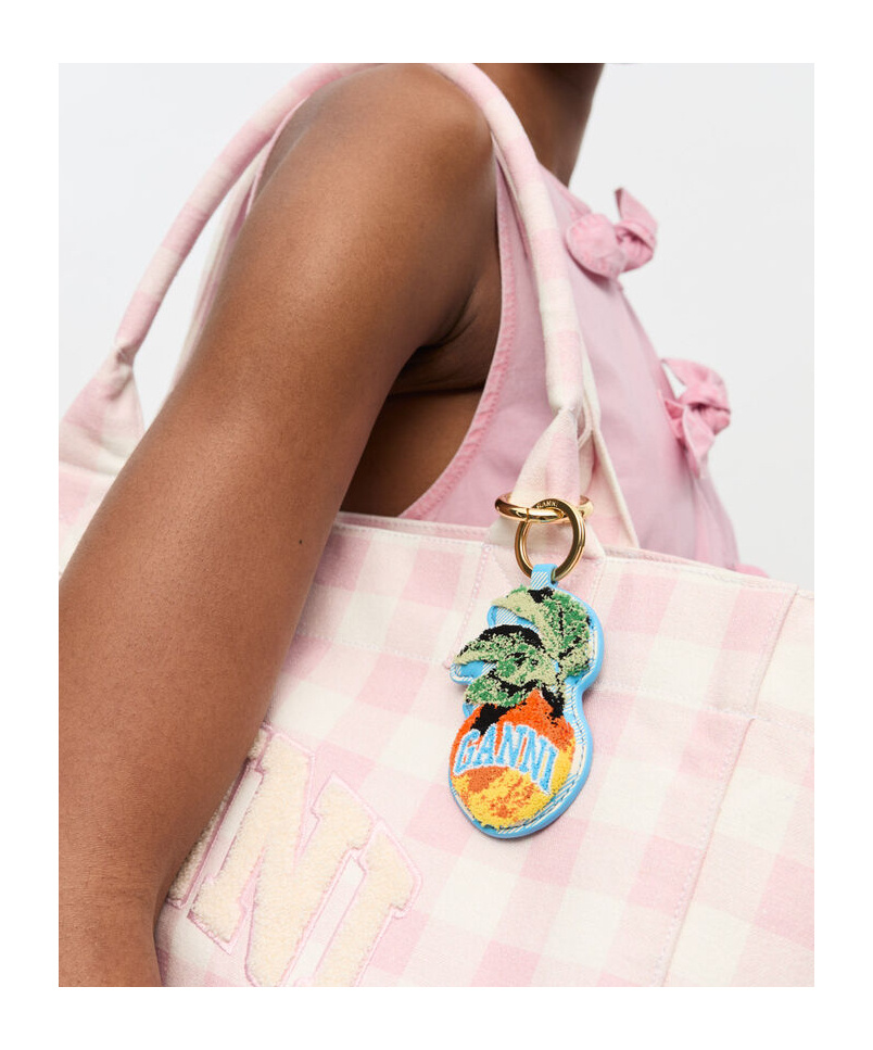 Ganni Apple Keyring Checkered Pattern Embroidered Design In Gold