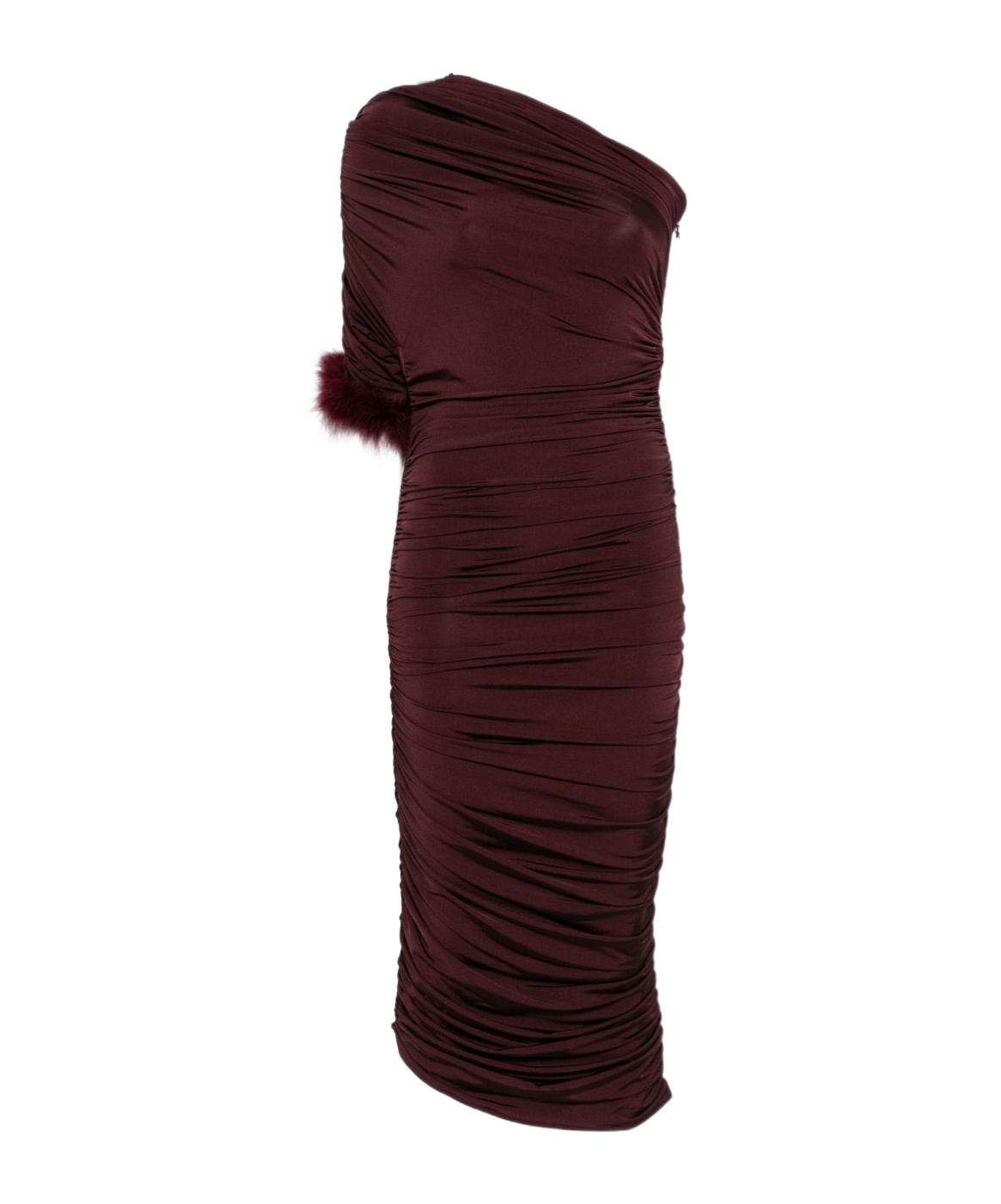 Mugler One Shoulder Feather Trim Ruched Midi Dress In Brown