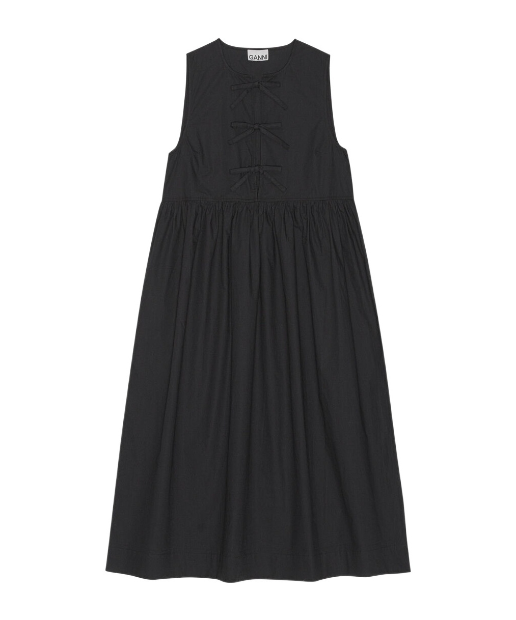 Ganni Tie String Poplin Dress In Black