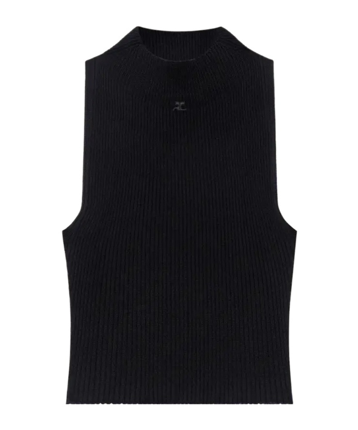 Courrèges Mockneck Light Rib Cropped Top In Black