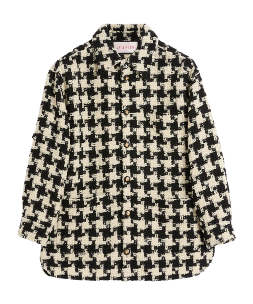 Valentino Wool Shirt Jacket With Pied De Coque Pattern In Ivory/black