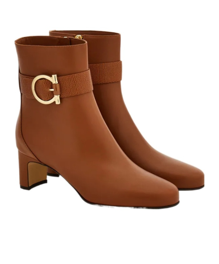 Ferragamo Gancini Ornament Mid Heel Ankle Boot In Orange
