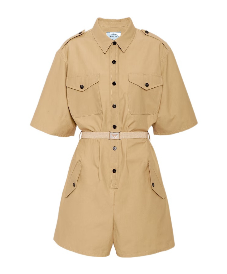 Prada Short-sleeved Button-down Jumpsuit In Khaki