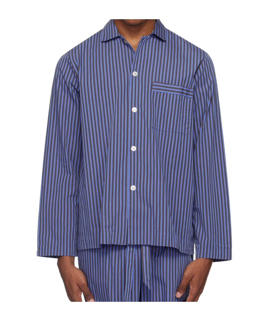 Tekla Camp-collar Striped Organic Cotton-poplin Pyjama Shirt In Blue