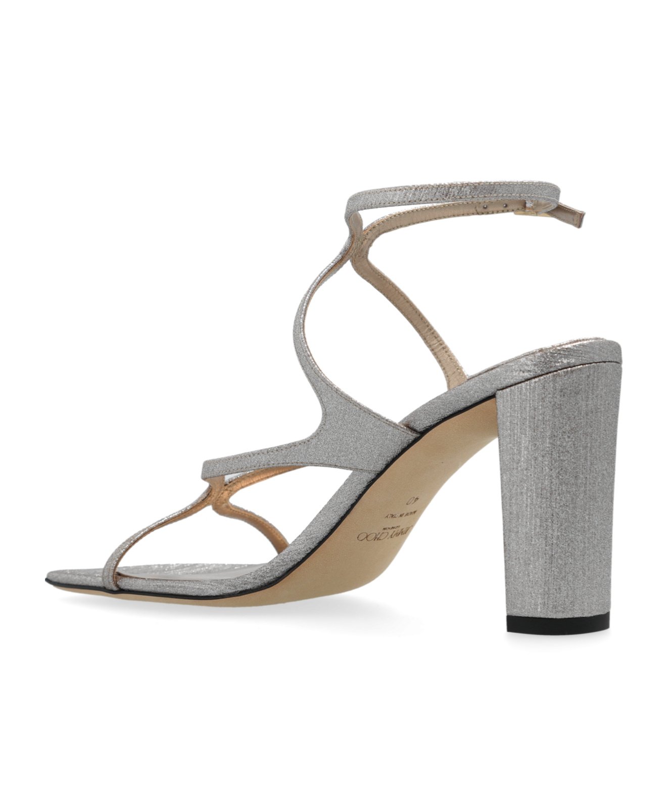 Jimmy Choo 'azie' Metallic Sandals With High Stacked Heel And Criss-cross Strap In Gray