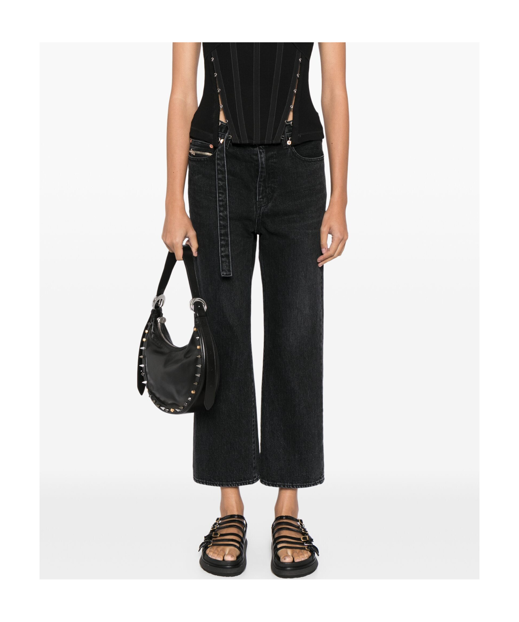 Sacai Belted Crop Bootcut Jeans In Black