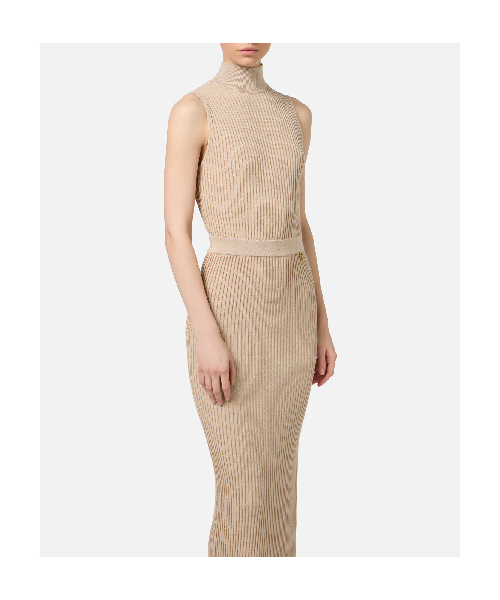 Elisabetta Franchi Ribbed High-neck Maxi Dress In Nude