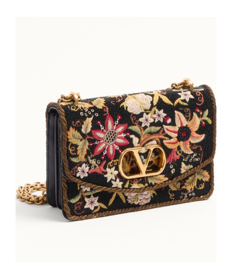 Valentino Vain Embroidered Foldover Top Shoulder Bag In Brown
