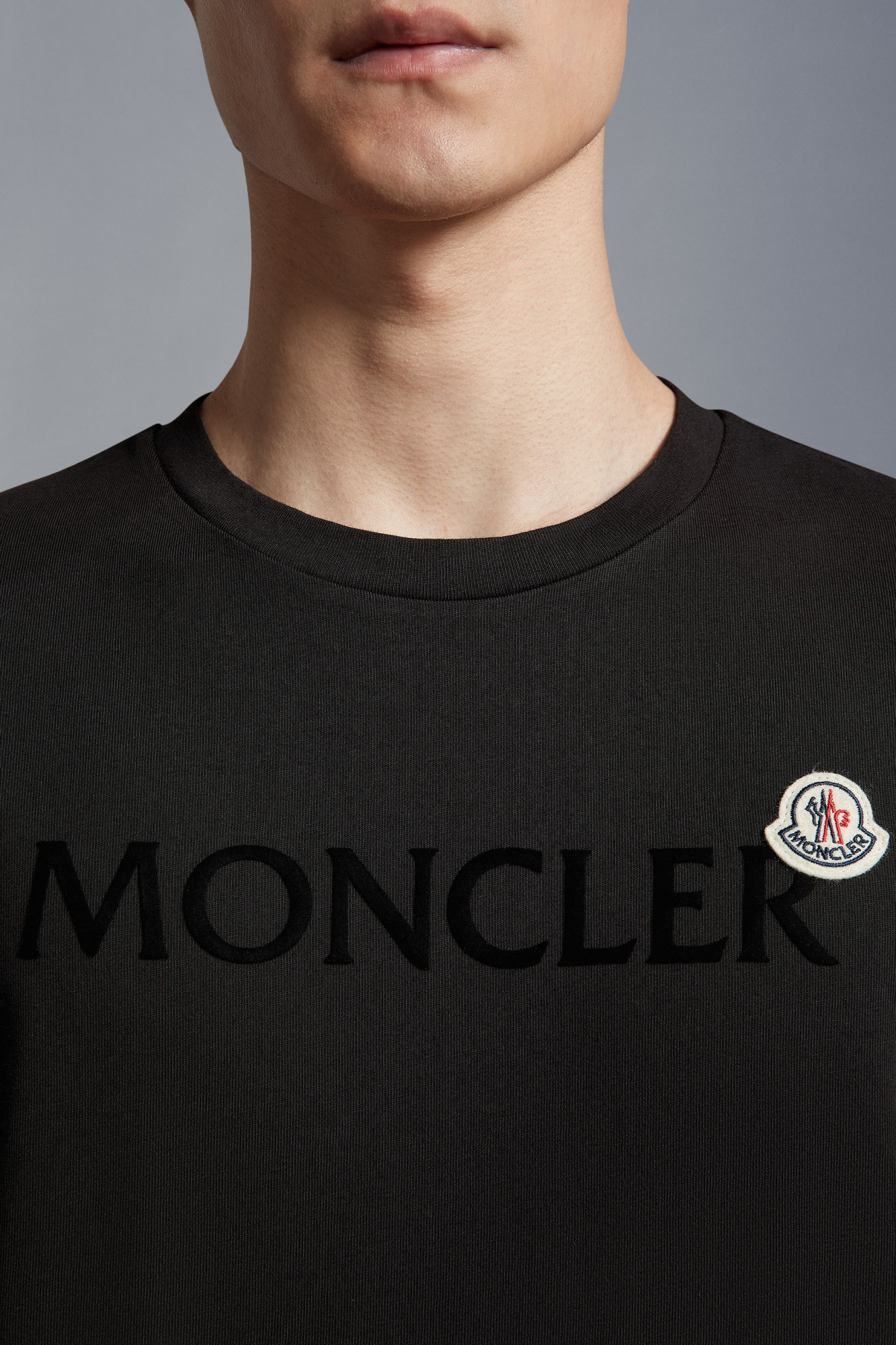 Moncler Men T-shirt With Flocked Cotton Logo In Black